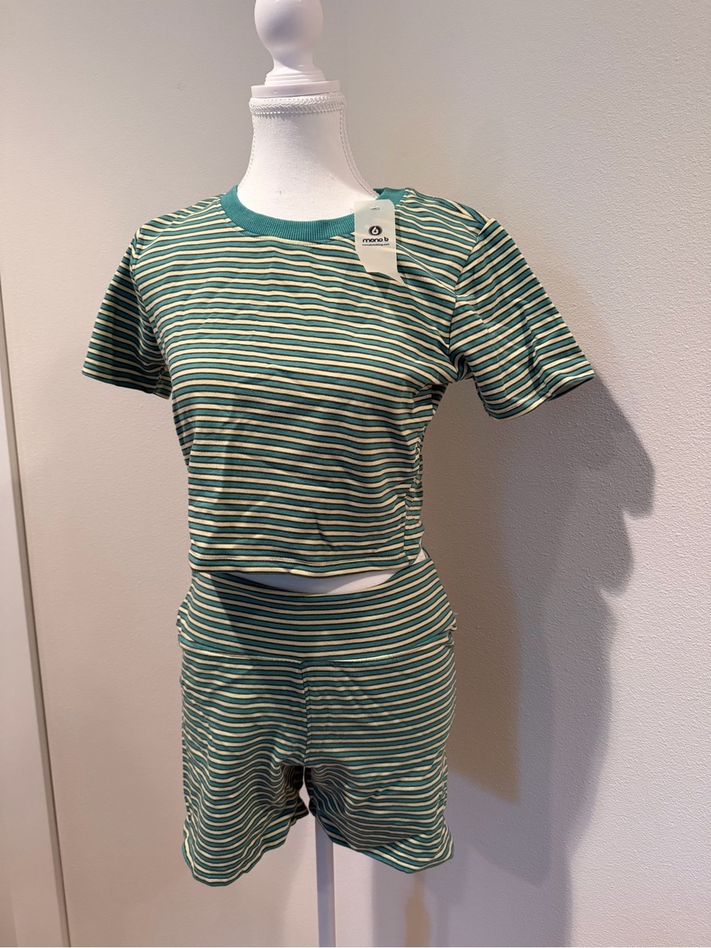 Mono B Retro Green and Cream Striped Short Set - Cropped Short Sleeve and Shorts
